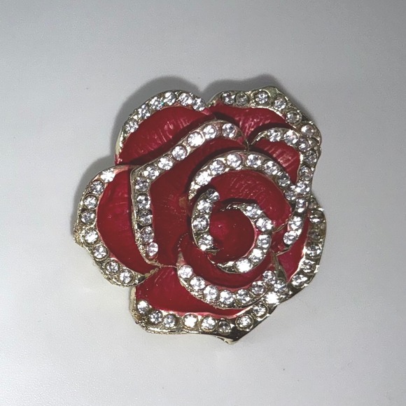 Red Rose Enamel Rhinestone Brooch Pin Gold-Tone 1.25" Floral Statement - Picture 2 of 6
